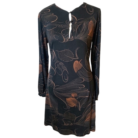 Park Vogel Abstract Leaf Print Black Brown Tie Waist Dress Size 2 - Picture 1 of 14